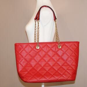 Aldo Large Quilt Pattern Red Tote w/ Gold Chain & Leather Handle